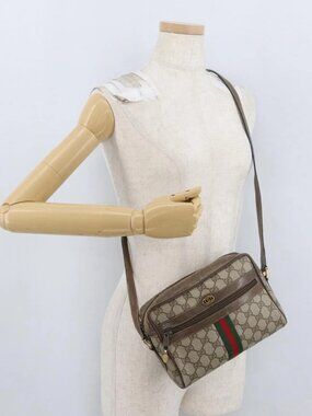GUCCI GG Supreme Web Sherry Line Shoulder Bag PVC Beige Gold Auth BA11250